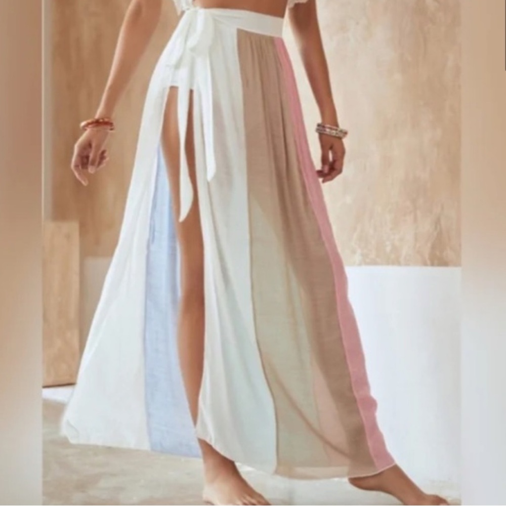 Flowy Mediterranean Color-blocked Beach Maxi Skirt Sarong